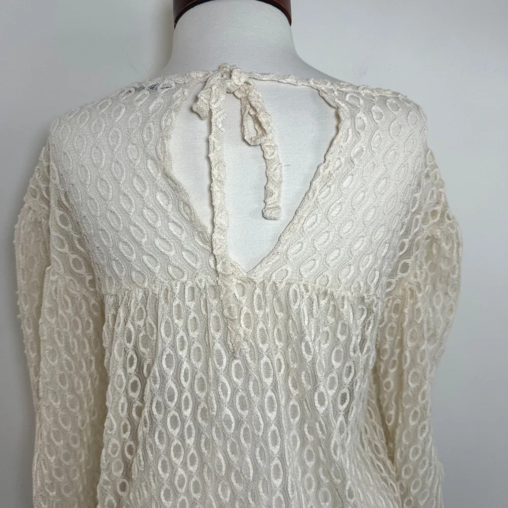 Zara Lace Blouse Cream Puff Sleeve Sheer Textured‎ Boho Peasant Coquette Top S